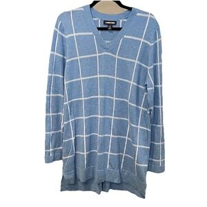 Lands'‎ End Women's Blue & White Grid Pattern V-Neck Sweater, Size L/T (14/16)